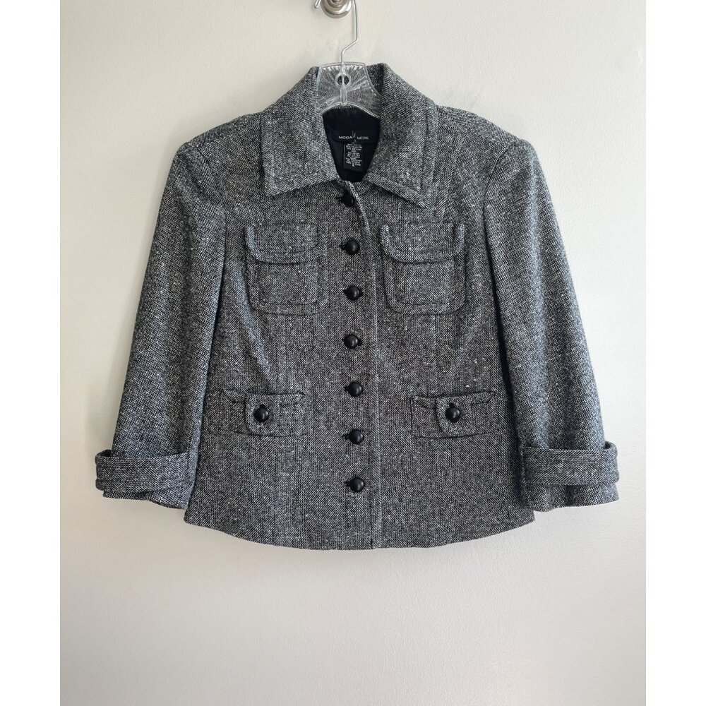 Moda International Tweed Wool Blend Jacket Blazer Womens 4 Black Button Up